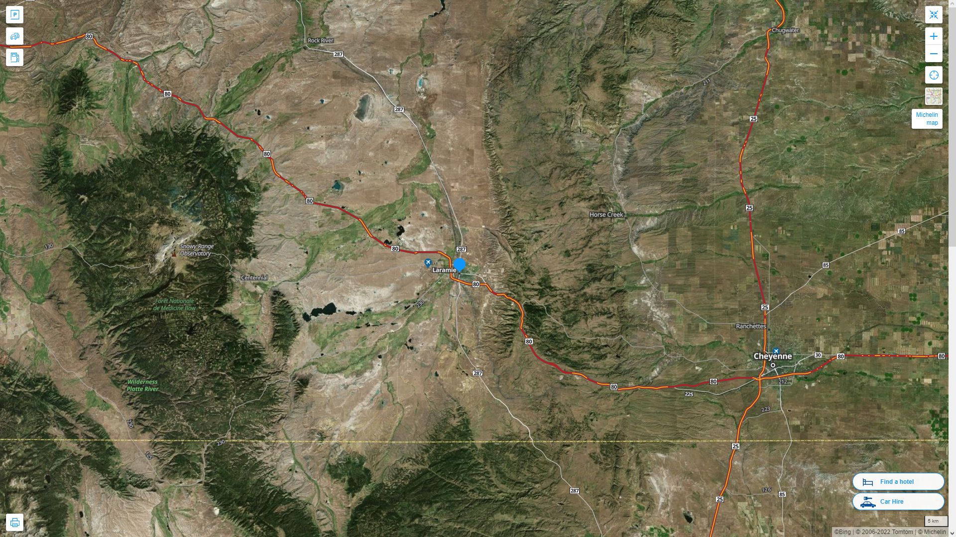 Laramie Wyoming Highway and Road Map with Satellite View
